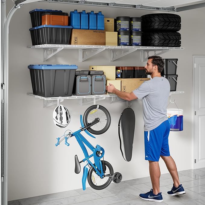 FLEXIMOUNTS 2-Pack 2x6ft Garage Shelving with Hooks, 24-inch-by-72-inch Wall Shelf Garage Storage Racks Floating Shelves, White