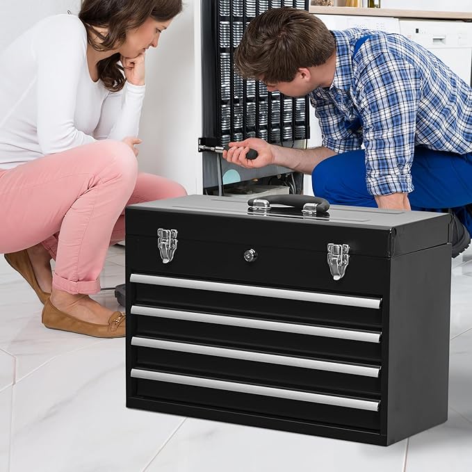 Tool Chest Cabinet, Large Capacity Metal Tool Box with Wheels and Cylinder Locking, Roll Around Storage Organizer Tool Cart for Garage, Redtool cabinets on Wheels (Black, 4-Drawer)