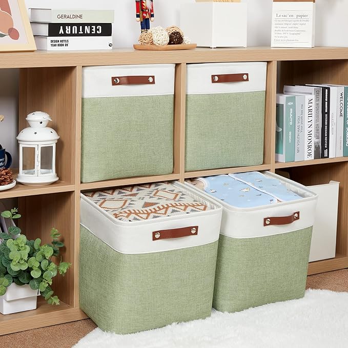HNZIGE Collapsible Fabric Storage Cubes 13x13x13 Set of 4 Decorative Storage Basket Bin with Handles Storage Cube Basket for Organizing Clothes, Toys, Closet, Nursery(Green White)