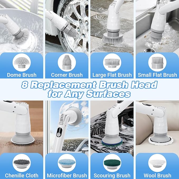 Electric Spin Scrubber, Cordless Cleaning Brush with 8 Brush Heads, Power Shower Scrubber with Long Handle, Electric Brush Cleaner with 6 Adjustable Angles IPX7 Waterproof, for Bathroom Floor Tub Car