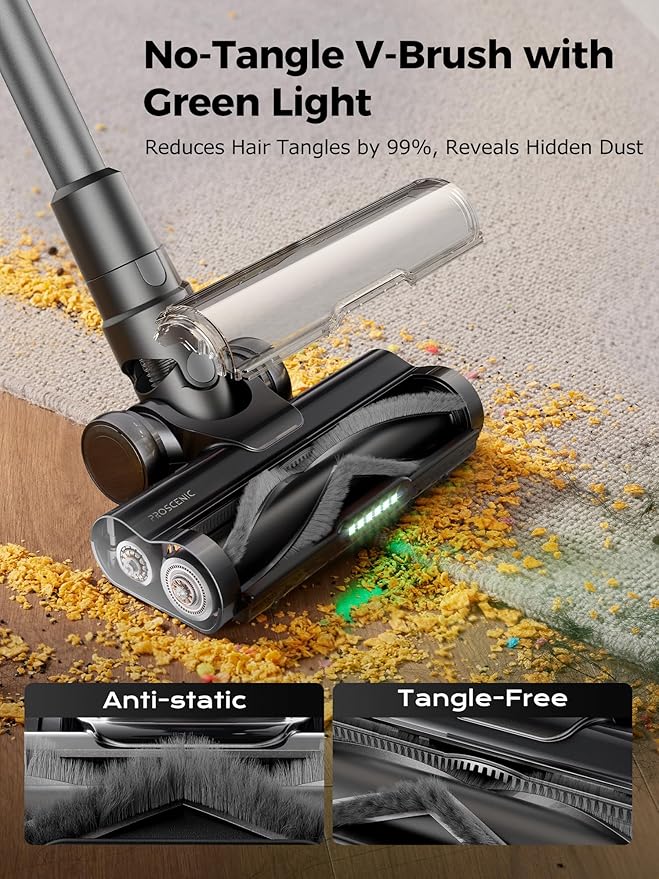 Proscenic Cordless Vacuum Cleaner, 550W 45KPA 55Mins Runtime, 180°Bendable Wand, Stick Vacuum with Green LED, Tangle-Free Brush, Rechargeable Lightweight Vacuum Cleaners for Home, Pet Hair, P16(Grey)