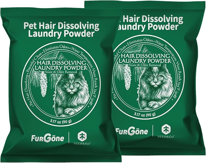 FurGone by Seedshub 2 Sachets Pet Hair Odor & Stain Remover for Laundry, 96.7% Hair Dissolution, Based Powder Detergent for Clothes, Bedding, Effective Dog & Cat Hair Remover, Septic Safe