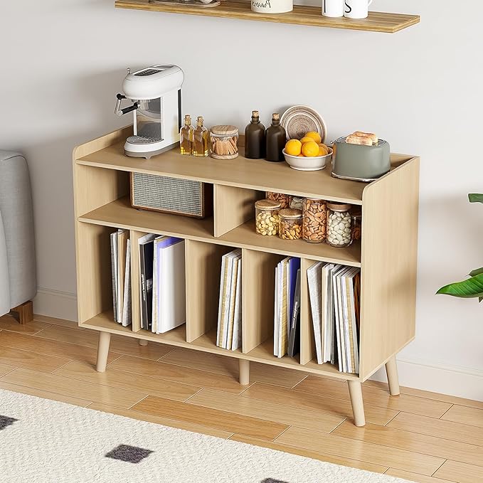 ChooChoo Record Player Stand, Turntable Stand with Vinyl Storage, Record Player Cabinet Up to 350 Albums, Cube Storage Organizer for Living Room, Natural