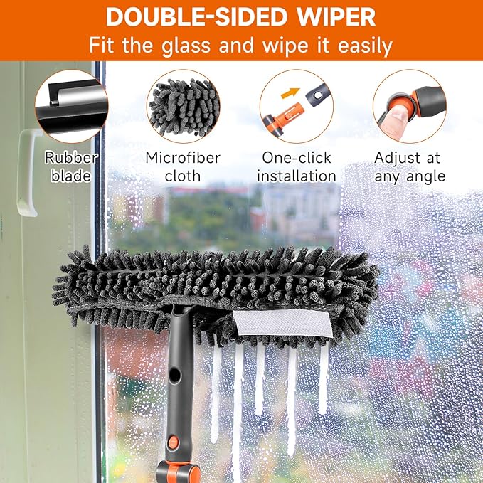Window Squeegee Cleaner Set 2-in-1 Window Cleaning Tool with Extendable Pole, Window Cleaning kit with Bendable Head for Indoor & Outdoor Glass for Car Indoor Outdoor High Windows（Kit2.0）