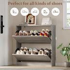 BORNOON Shoe Cabinet with 2 Flip Drawers, Slim Narrow Shoe Storage Cabinet, Freestanding Shoe Organizer with Adjustable & Removable Shelves, Top Display Shelf for Entryway, Hallway, Foyer, Closet