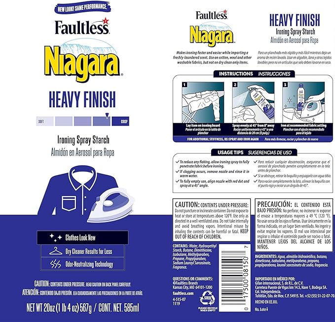 Heavy Starch Spray (20 oz, 6-Pack) - Niagara Heavy Finish Liquid Starch: Iron Aid Spray Pack for Clothes & Fabrics