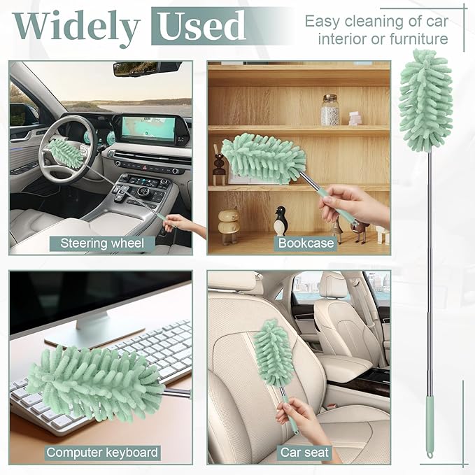 2 PCS Car Interior Duster with Extension Pole, Microfiber Car Dusters with Bendable Head, Cars Dusters Exterior&Interior Scratch Free, for Cleaning of Vehicle Details, Offices, Window (Light Green)