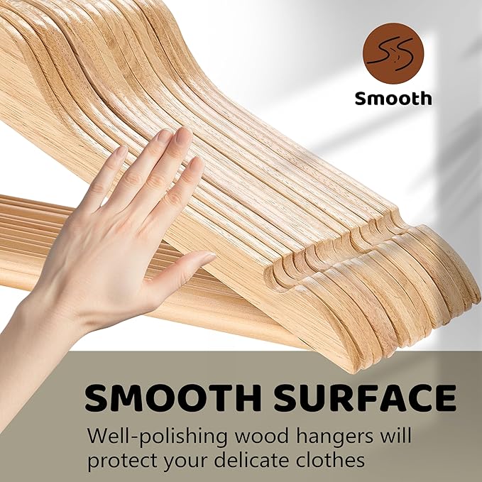 Edergoo Wooden Hangers 30 Pack, Durable Wood Hangers with 360° Swivel Hook & Notches, Slim Coat Hanger Wooden for Closet, Smooth Wood Clothes Hanger with Pant Bar, Natural