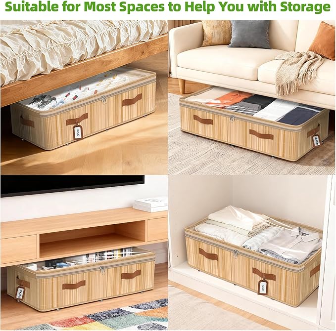 Livole 3 Pack Bamboo Under Bed Storage with Wheels, 6 inches Underbed Storage Containers, 56L XXL Rolling Under Bed Storage Bins with Clear Lid & Label for Clothes, Blankets, Sweater, Shoes