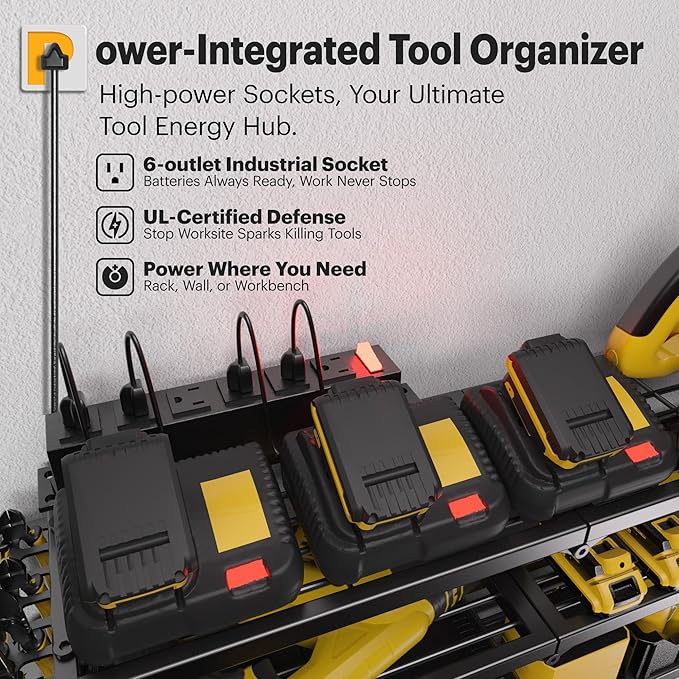 Power Tool Organizer, Quick Assembly & Max 420lb Load With 6 Outlet Power Strip, 4 shelves 8 Slots for Cordless Drill Holder Wall mount in Garage/Workshop/Pegboard Suitable for Birthday Gift
