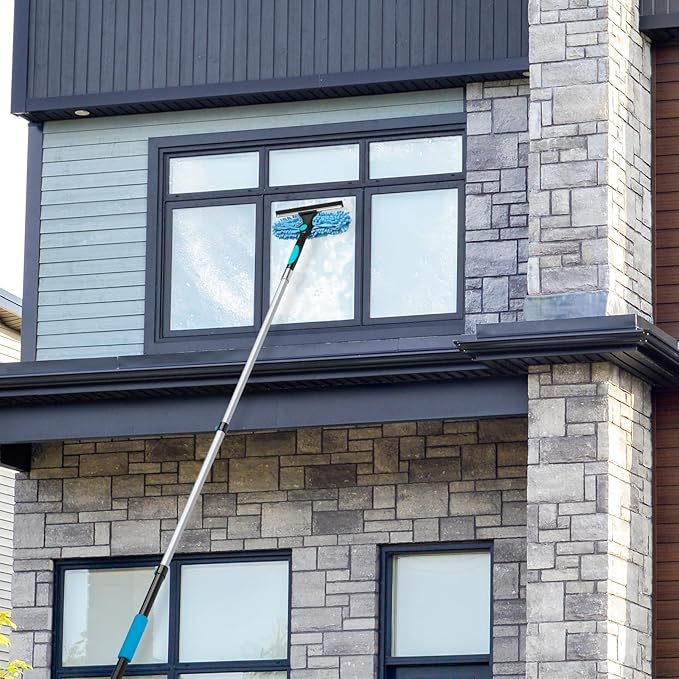 20 Feet High Reach Window Squeegee with 5-12Ft Extension Pole, 2 in 1 Rotatable Window Cleaning kit for High Window, Solar Panel Outdoor Window Washing Equipment