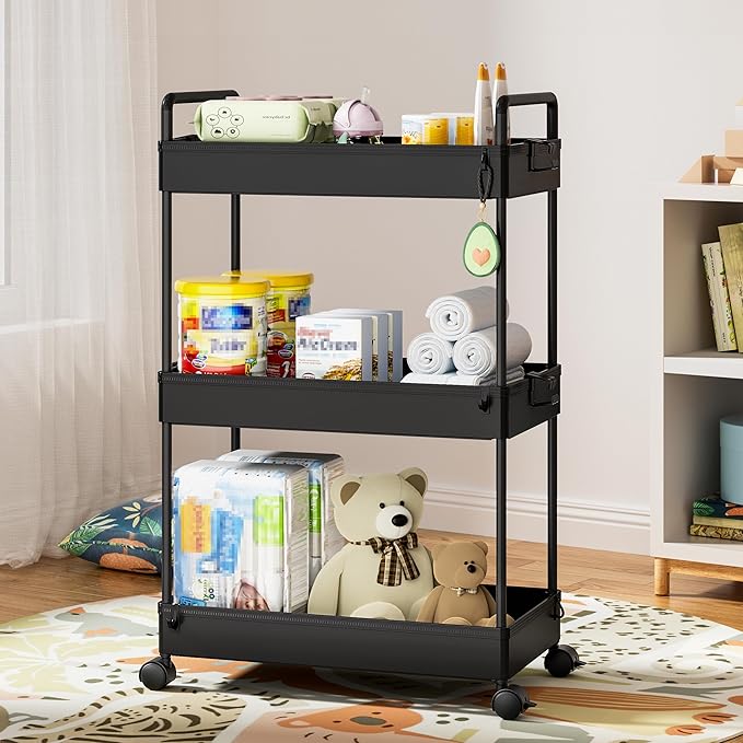 Ronlap 3 Tier Slim Rolling Storage Cart with Wheels Plastic Utility Cart Organizer for Snack Craft Art Postpartum Baby Diaper Nail Makeup in Bathroom Laundry Room Kitchen Bedside Narrow Space, Black