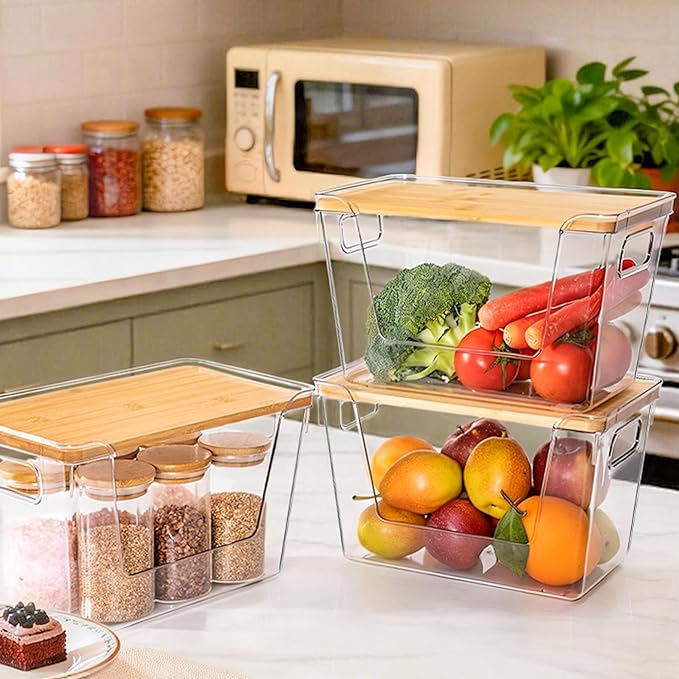 Criusia 3 Set Pantry Organizers and Storage with Bamboo Lids, Stackable Clear Bins for Onion, Potato, Fruit, Vegetables, Trash Bag Dispenser, Kitchen and Under Sink Organizer