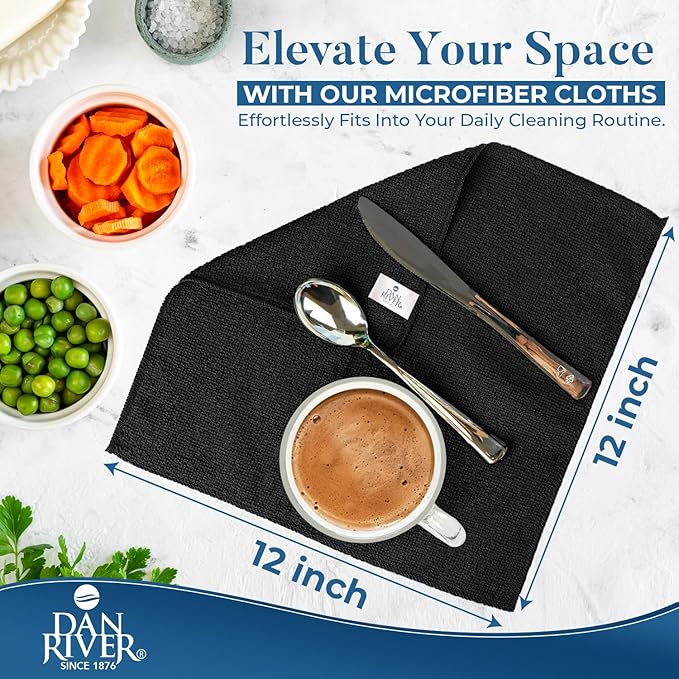 DAN RIVER 12-Pack Black Microfiber Towels – Ultra Absorbent, Lint-Free & Streak-Free Cleaning Rags for Home, Car & Kitchen - Must-Have Cleaning Essentials - 12" x 12"