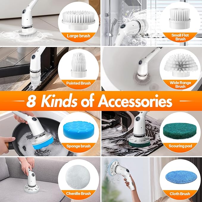Electric Spin Scrubber,Cordless Cleaning Brush,Bathroom Shower Scrubber with Long Handle Adjustable,3 Speeds,IPX7 Waterproof,Digital Display,8 Replaceable Brush Heads for Tile Bathtub Car Kitchen Wall