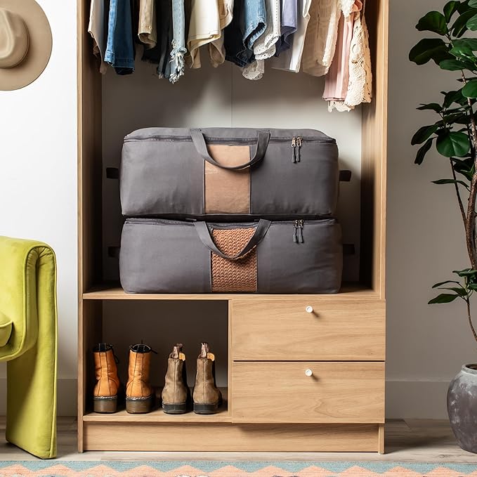 Soft Canvas Storage Bags with Zipper. Thick Breathable, 2pc King/Queen Comforter Organizer. Four Carrying Handles and Window. Large 25x19x9in Bag for Sheets Blankets Bedding Pillows, Clothes (Grey)