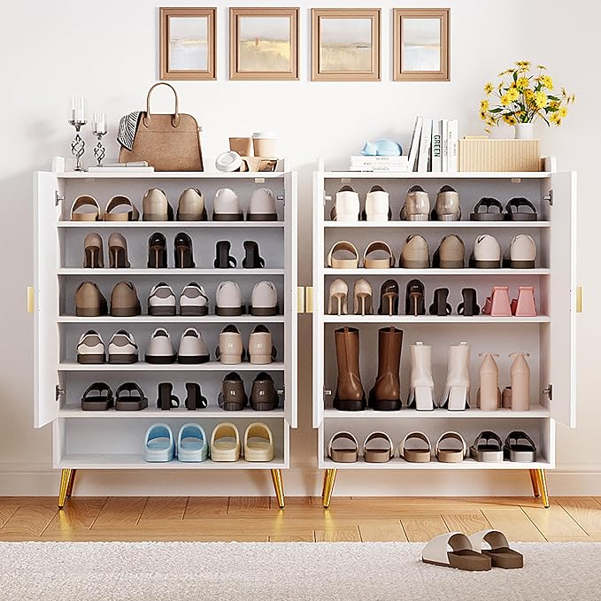 COSIEST 43" 7-Tier Shoe Cabinet with Doors, Wooden Shoe Storage Cabinet with Adjustable Shelves, Freestanding Shoe Rack Organizer for Entryway, Hallway, Closet, Living Room, White