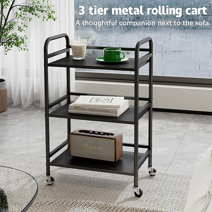 HDANI 3 Tier Rolling Cart Shelves,Heavy Duty Multifunctional Metal Frame-Supports 22 Lbs Per Tier,Rolling Cart with 2 Lockable Wheels for Home,Office,Kitchen,Bathroom,Bedroom (Black)…