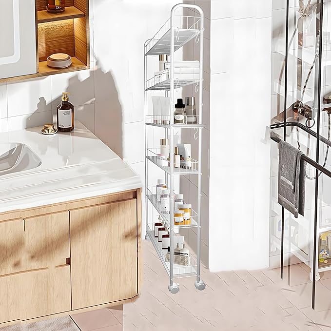 6 Tier 6in Slim Rolling Cart with Handle, White Mobile Shelving Unit with Wheels, Metal Wire Storage Rack with Baskets for Kitchen Bathroom Office Laundry Narrow Piaces