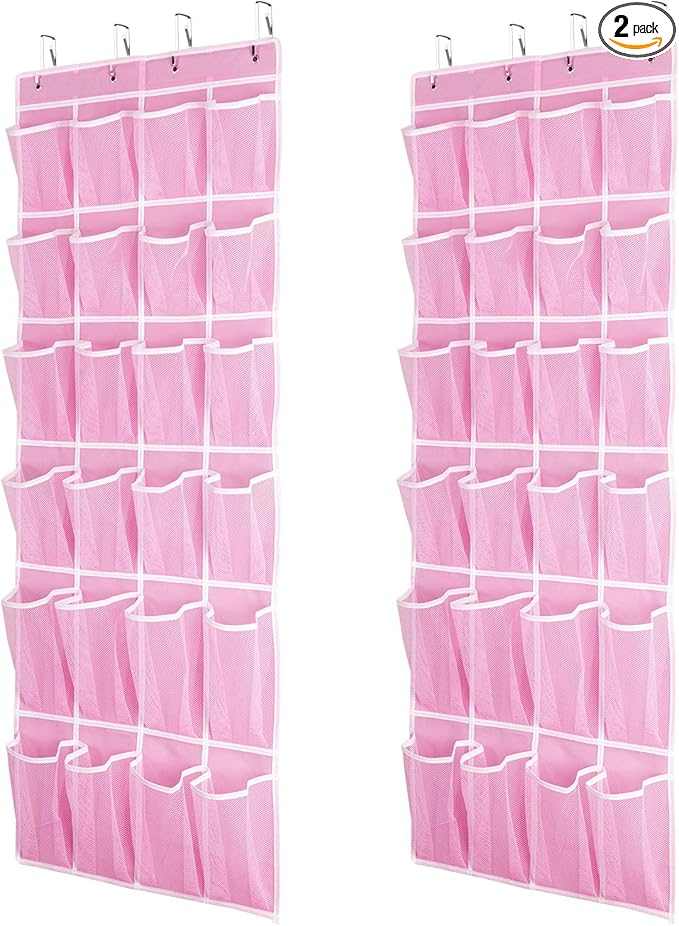 SAVERHO 2 Pack Hanging Shoe Organizer，Over Door Shoe Organizer with 24 Mesh Large Pockets Shoe Storage Bag for Sport Shoes Size:58x21 Inch Hanging Door Shoe Rack Organizer (Pink-2pack)