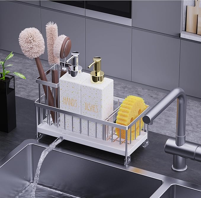 Cisily Dish Soap Dispenser, 12 fl oz Kitchen Soap Dispensers with Sponge Holder, Stainless Steel Pump Glass Kitchen Soap Dispenser Set, Hand and Dish Soap Bottle Set, Kitchen Decor Accessories