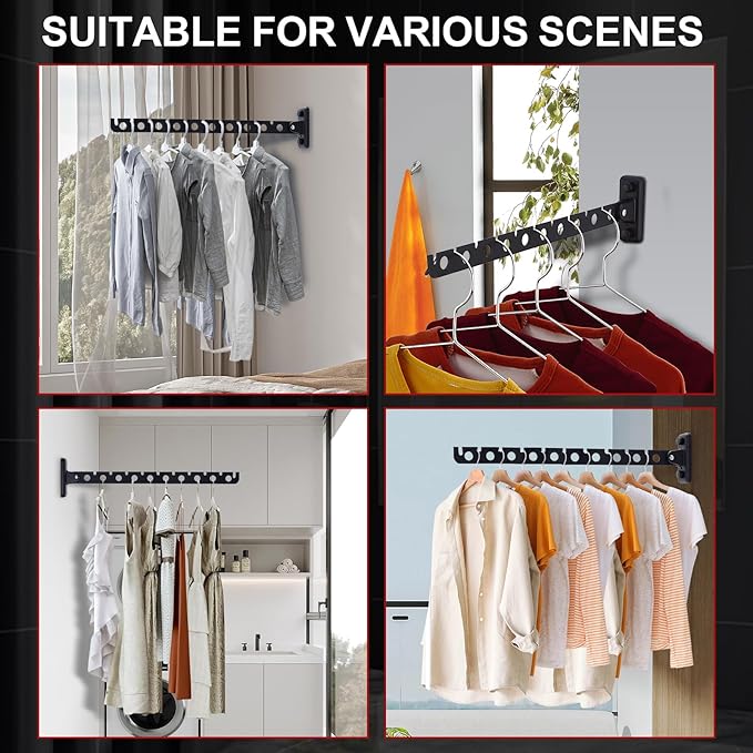 ACNISM Wall Mounted Clothes Rack, Laundry Room Hanging Rack, Retractable & Foldable Drying Rack with 180° Rotation, Space-Saver for Laundry Room & Bedroom, Bathroom Closet Storage, 1-Pack, Black