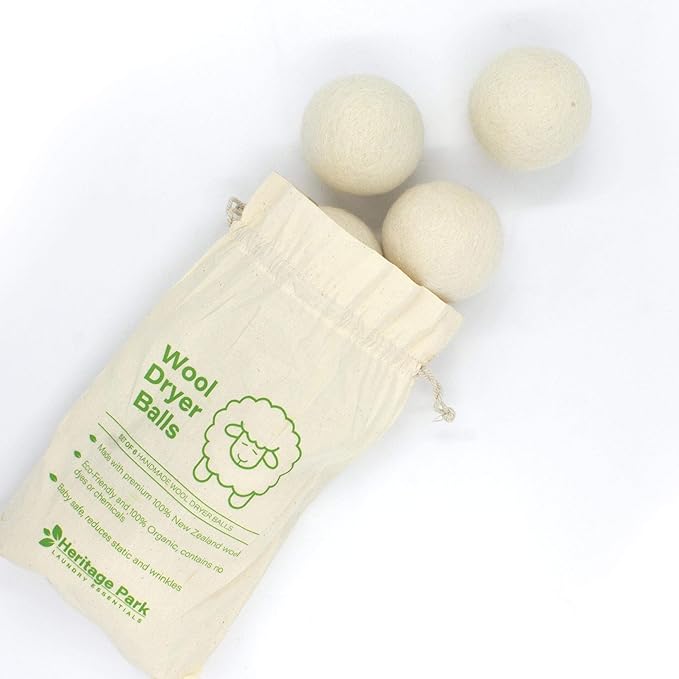 Heritage Park Wool Dryer Balls - 100% New Zealand Wool Handmade, Reusable Dryer Balls for Laundry - Decrease Drying Time - Set of 6 with Storage Bag