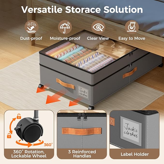 Under Bed Storage with Wheels, Large Capacity UnderBed Containers with Clear Lids, Shoe Organizer Under Bed Drawers, Rolling Under the Bed Storage for Clothes, Shoes, Blankets