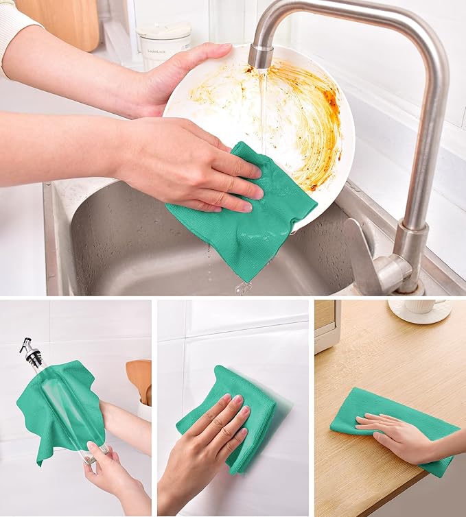 KitchLife Microfiber Cleaning Cloth Roll, 100 Pack - Tear-Away Microfiber Paper Towels, Lint-Free, Reusable, Washable for Kitchen, Car, Dishes, and Sensitive Surfaces (Emerald Green)