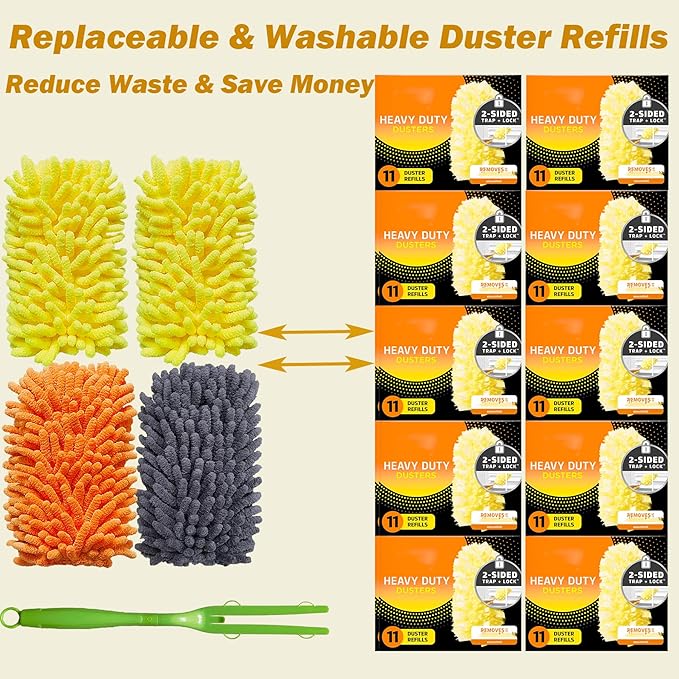 Reusable Duster for Swiffer, 4 Refills +1 Handle, 360 Heavy Duty Duster Refill Compatible with Swiffer Hand Dusters, for Dusting Furniture, Blinds, Ceiling Fans, Walls and More, Yellow
