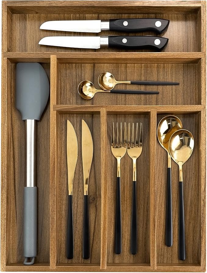 Luxury Acacia Kitchen Drawer Organizer - Silverware Organizer - Utensil Holder and Cutlery Tray with Grooved Drawer Dividers for Flatware and Kitchen Utensils (6 Slot)
