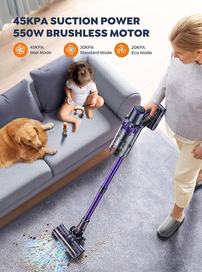 Cordless Vacuum Cleaner, 2 Batteries 110 Mins Runtime Vacuum Cleaners for Home, 45KPA 550W Stick Vacuum with Brushless Motor, Automatically Adjust Suction, Handheld Vacuum for Pet Hair/Carpet/Floor