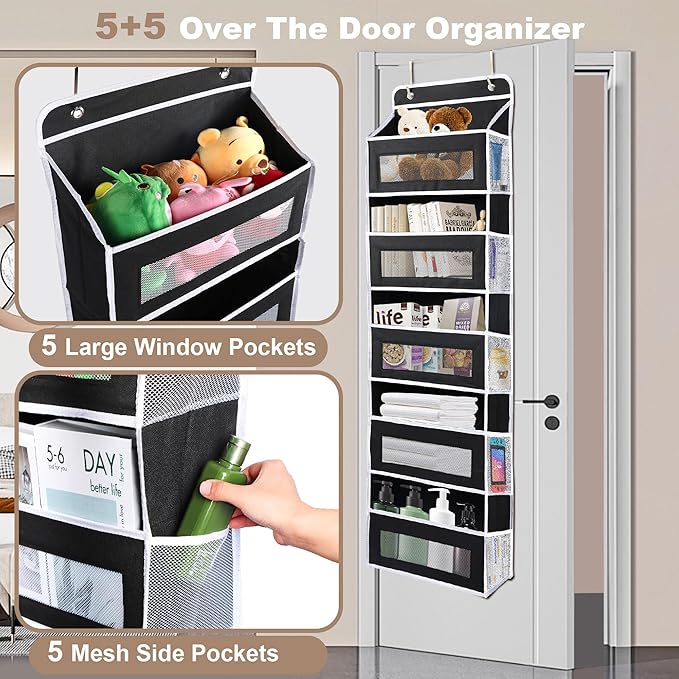 Over the Door Organizer Storage, 5 Shelf Storage with Large Pockets, Anti Tilt 44 lbs Heavy Duty Behind Door Organizer with Clear Window for Bedroom, Pantry, Bathroom, Nursery(Black)