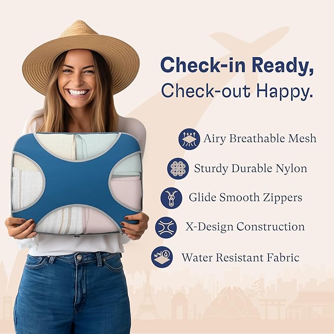 Shacke Premium 8 Packing Cubes Set - Lightweight Mesh Travel Luggage Organizers with Laundry Bag, 8-Piece Suitcase Storage System (Navy)