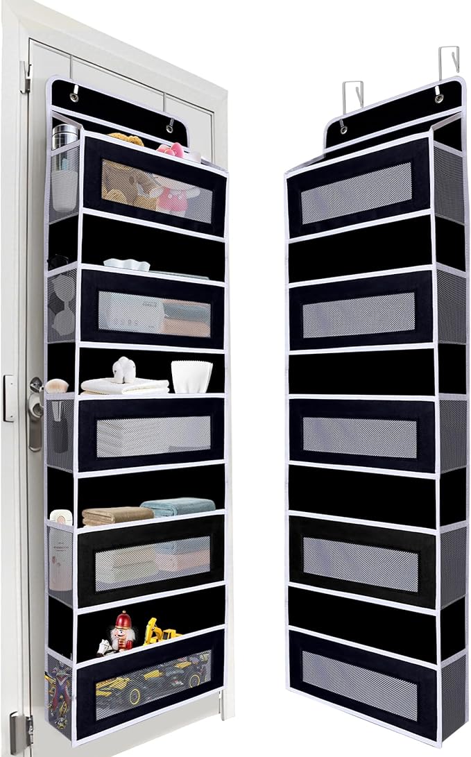 Over Door Hanging Storage Organizer, 5 Large Pockets, 10 Mesh Pockets,Black, 44 lbs Capacity (Black)