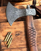 AX-7000 Custom Gift Forged Damascus Steel Vintage Axe with Rose Wood Shaft, Viking Bearded Camping Axe (AX-7000) (AX-8194)