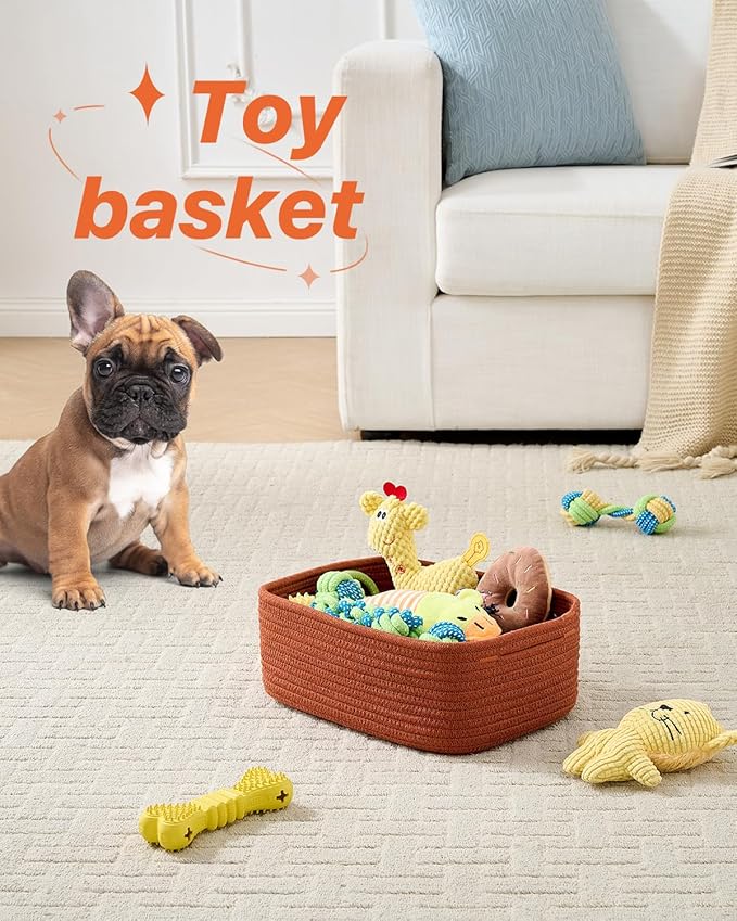 Small Woven Basket, 12 x 8 x 4.5 Inches, Storage Basket for Organizing, Cute Small Rope Shelf Closet Cube Storage Bins Baskets for Shelves, Dog Toy Gift Baskets Empty, 3 Pack Rust Red