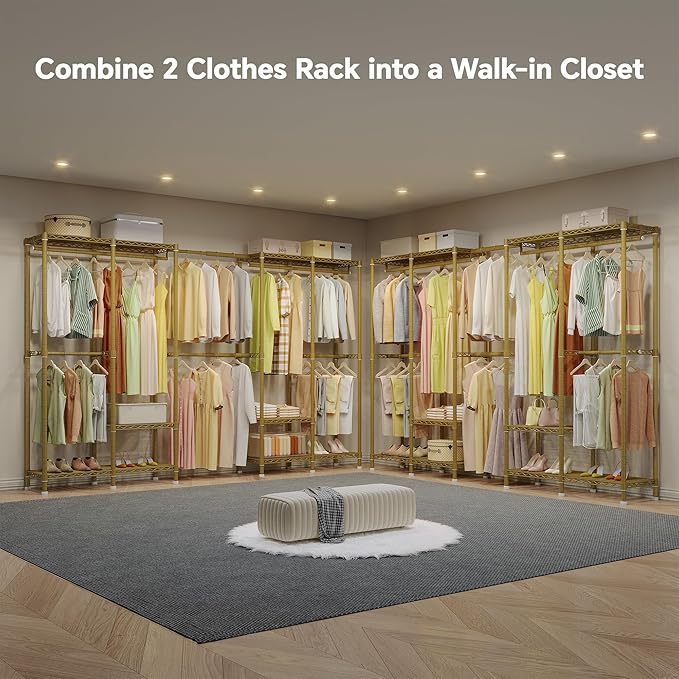 H5 Pro Heavy Duty Clothes Rack Wardrobe Closet for Hanging Clothes, Freestanding Garment Rack with Expandable Hanger Rods, Closet Organizer and Storage, (97.7-115.4")L x 15.7"W x 75.4"H, Gold