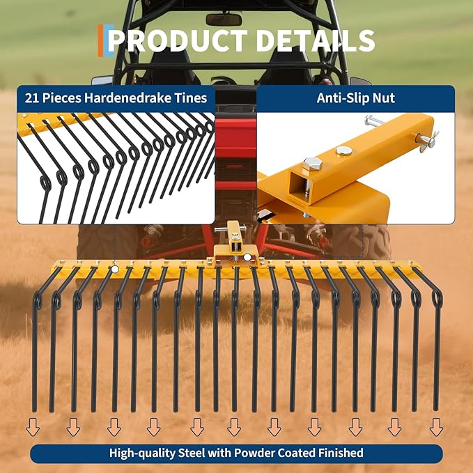 48 Inch Durable Pine Straw Rake Powder Coated Steel Landscape Rake Fits 2" Receiver for Lawn Tractors or ATV/UTV, Orange