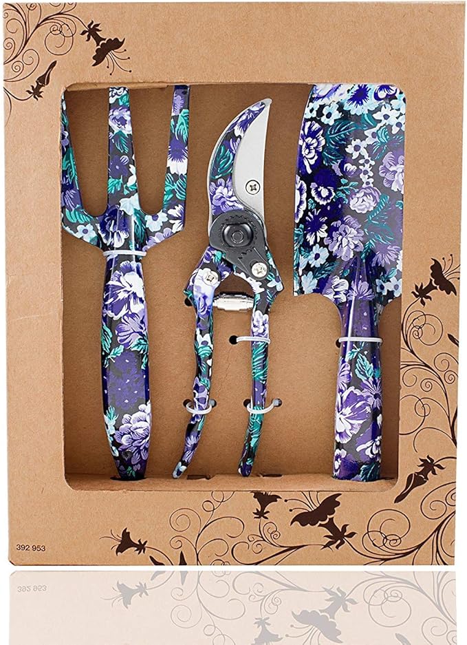 FLORA GUARD 3 Piece Aluminum Garden Tool Set - Trowel, Cultivator, Pruning Shear, Gift Set for Gardening Needs (Purple&Blue)