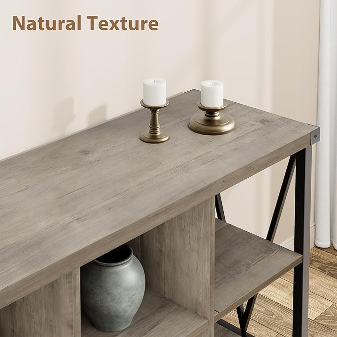 GarveeHome 8 Cube Storage Organizer Bookshelf, 3 Tier Metal Horizontal Bookcase, 62 Inch Console Bookshelf, Industrial Storage Bookcase for Entryway, Long Low Bookshelves for Living Room-Grey