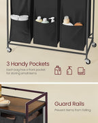 VASAGLE Laundry Sorter, 43.5 Gal. (165 L) Laundry Hamper Basket with 3 Compartments, Rolling Cart with Wheels, Shelf, Removable Bags, Pockets, Ink Black and Rustic Brown UBLH031B01