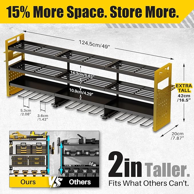 49'' W Power Tool Organizer Wall Mount | Large 620lbs Garage Storage Rack with 12 Cordless Drill Holder | 4-Tier Heavy Duty Metal Utility Shelf for Workshop Organization