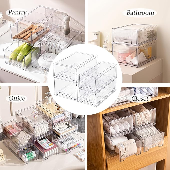 2 Pack Stackable Pull-Out Storage Drawers，Plastic Clear Organizer Bins with Handles，Easily Clean for Craft, and Toy Organization，Kitchen Undersink，Cabinet，Fridge，Closet，Pantry，Office，Bathroom