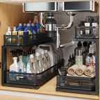 2 Pack 21.3IN-Depth Under Sink Organizer with Smooth Cylindrical Rail,2-Tier Pull Out Multi-Purpose Cabinet Storage for Bathroom&Kitchen,Height Adjustable,Rust-Resistant Coating-Black