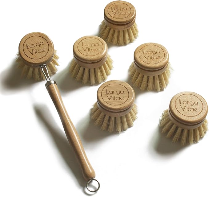 Wooden Dish Brush Made of Renewable Bamboo Wood and Natural Bristle Tampico Fiber, includes 5 Replacement Brush Heads, Durable, Long Lasting, All Purpose Kitchen Scrubber