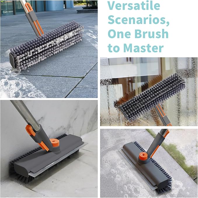 AIR U+ Floor Scrub Brush with Long Handle, Household Cleaning Brush with Right Angled Bristle & Scraper, 360° Swivel Heads, Shower Scrubber for Patio Bathroom Garage Kitchen Wall Deck Tile