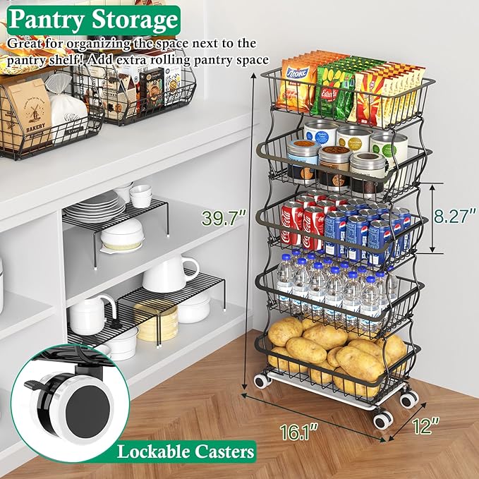 5 Tier Fruit Basket for Kitchen, Stackable Bins Wire Rack with Wheels, Fruit and Vegetable Storage Basket Pantry Food Snack Organizer Shelf, Kitchen Storage Cart for Onion and Potato, Produce