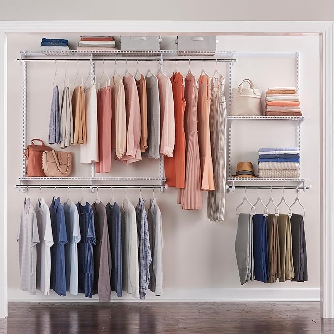 Rubbermaid Configurations Custom Closet Kit 4-8 Ft. Adjustable Metal Wire Shelving White Finish Expandable Organization System Hardware Included for Home Closet/Pantry/Laundry/Mudroom