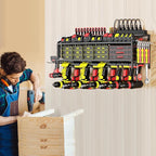 Power Tool Organizer Wall Mount with Charging Station, 3 Layer Storage Rack and Tool Holder for Garage Organization, 8 Drill Holder Wall Mount and 6 Outlet Power Strip
